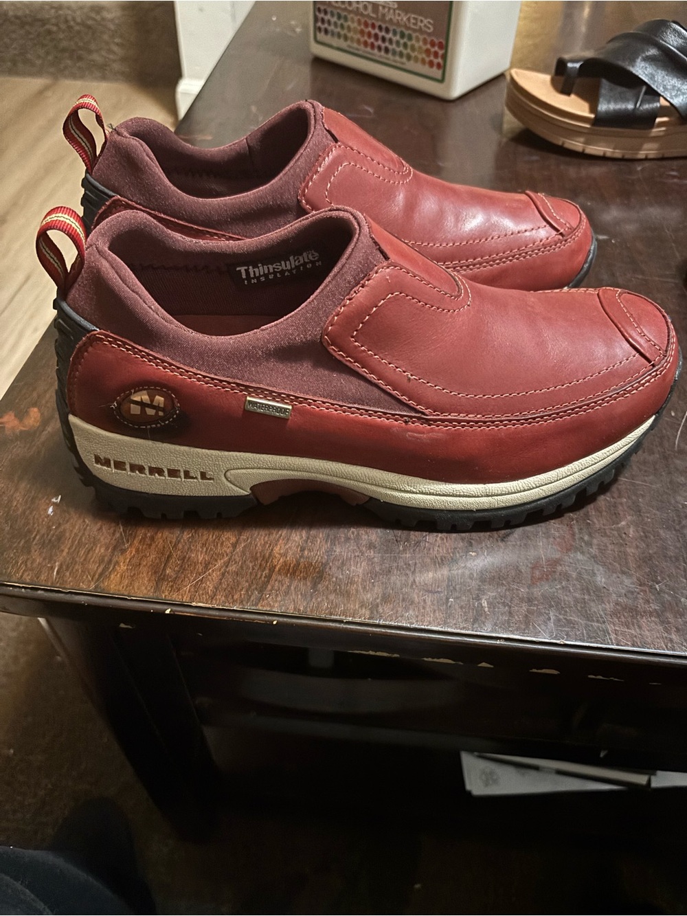 Merrell Men’s Red Leather Slip-On Loafers with Rugged Sole